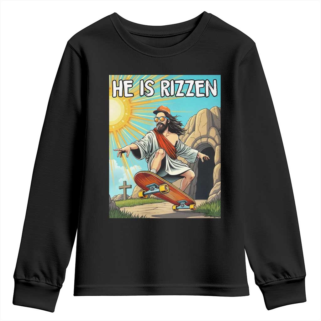 He is Rizzen Youth Sweatshirt Funny Jesus Skateboarding Christian Meme - Wonder Print Shop