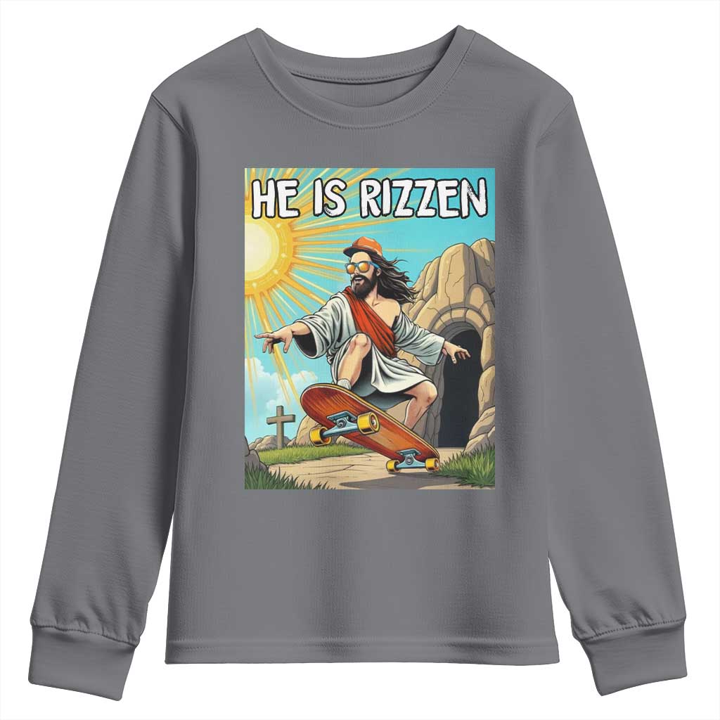 He is Rizzen Youth Sweatshirt Funny Jesus Skateboarding Christian Meme - Wonder Print Shop