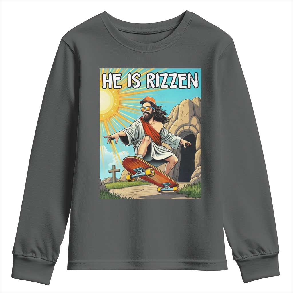 He is Rizzen Youth Sweatshirt Funny Jesus Skateboarding Christian Meme - Wonder Print Shop