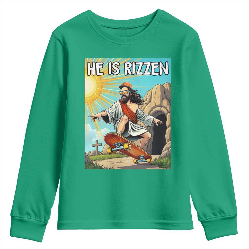 He is Rizzen Youth Sweatshirt Funny Jesus Skateboarding Christian Meme - Wonder Print Shop