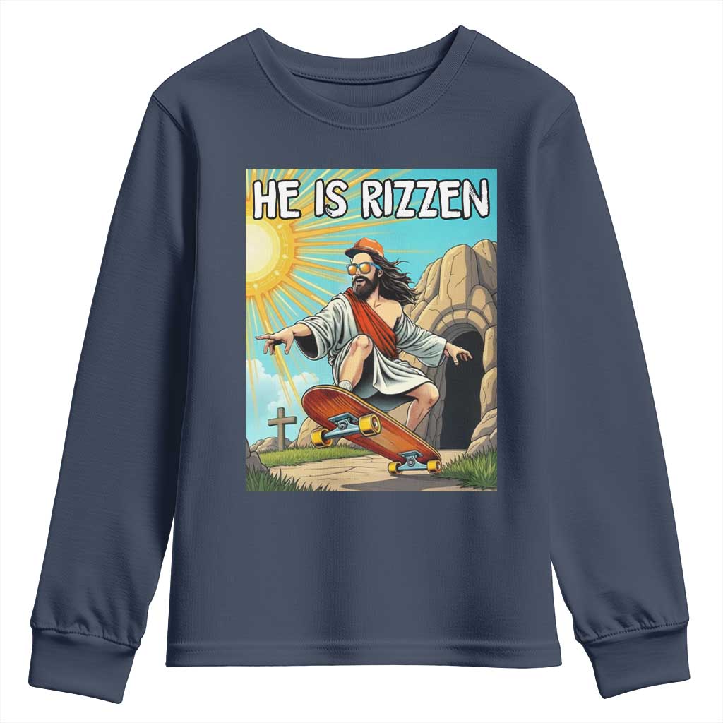 He is Rizzen Youth Sweatshirt Funny Jesus Skateboarding Christian Meme - Wonder Print Shop