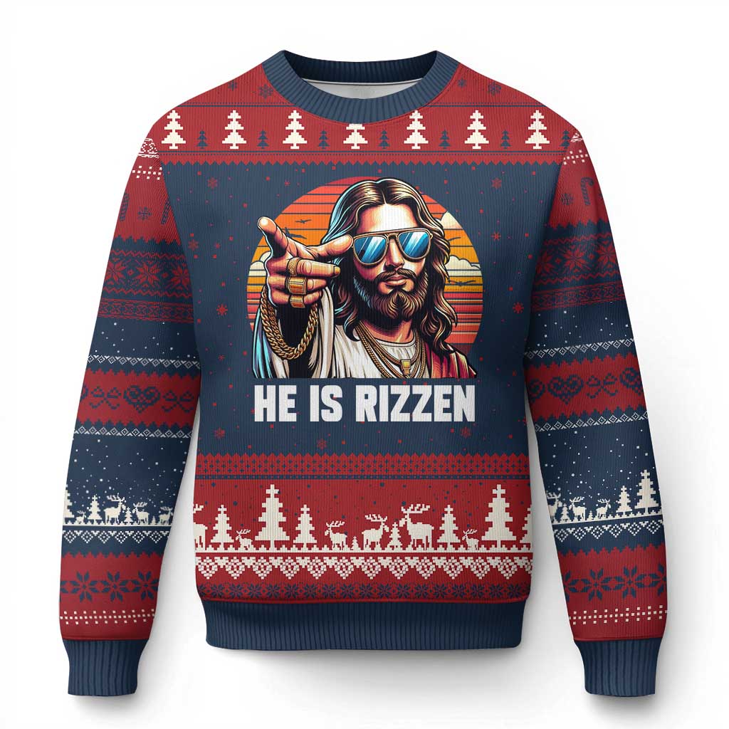 He is Rizzin Ugly Christmas Sweater Funny Jesus Vintage Faith - Wonder Print Shop