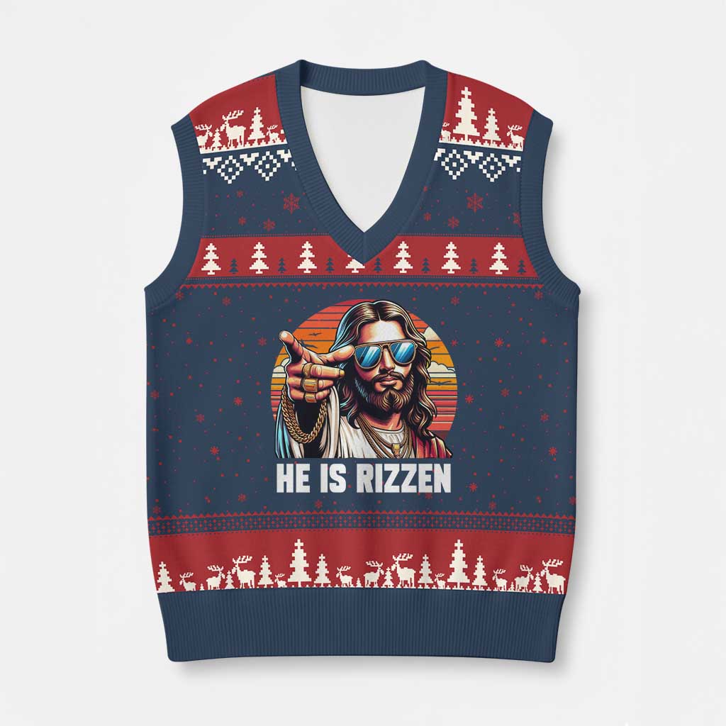 He is Rizzin V-Neck Knit Sweater Vest Funny Jesus Vintage Faith - Wonder Print Shop