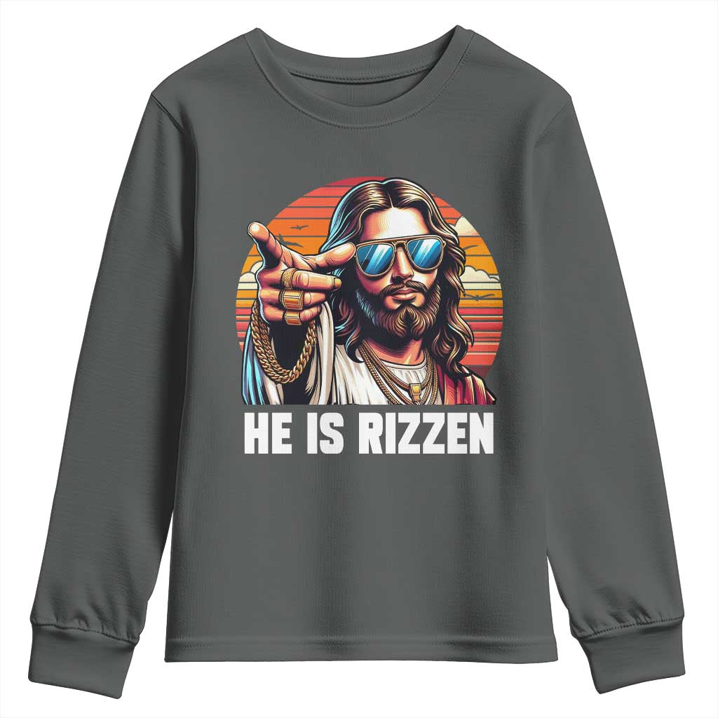 He is Rizzin Youth Sweatshirt Funny Jesus Vintage Faith - Wonder Print Shop