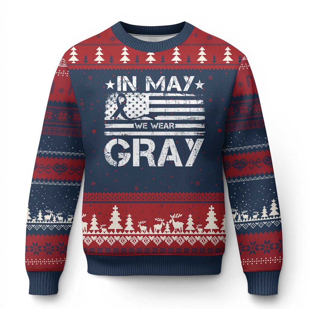 Brain Cancer Awareness Ugly Christmas Sweater In May We Wear Gray US Flag