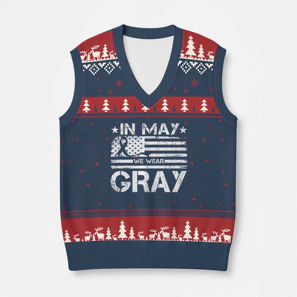 Brain Cancer Awareness V-Neck Knit Sweater Vest In May We Wear Gray US Flag
