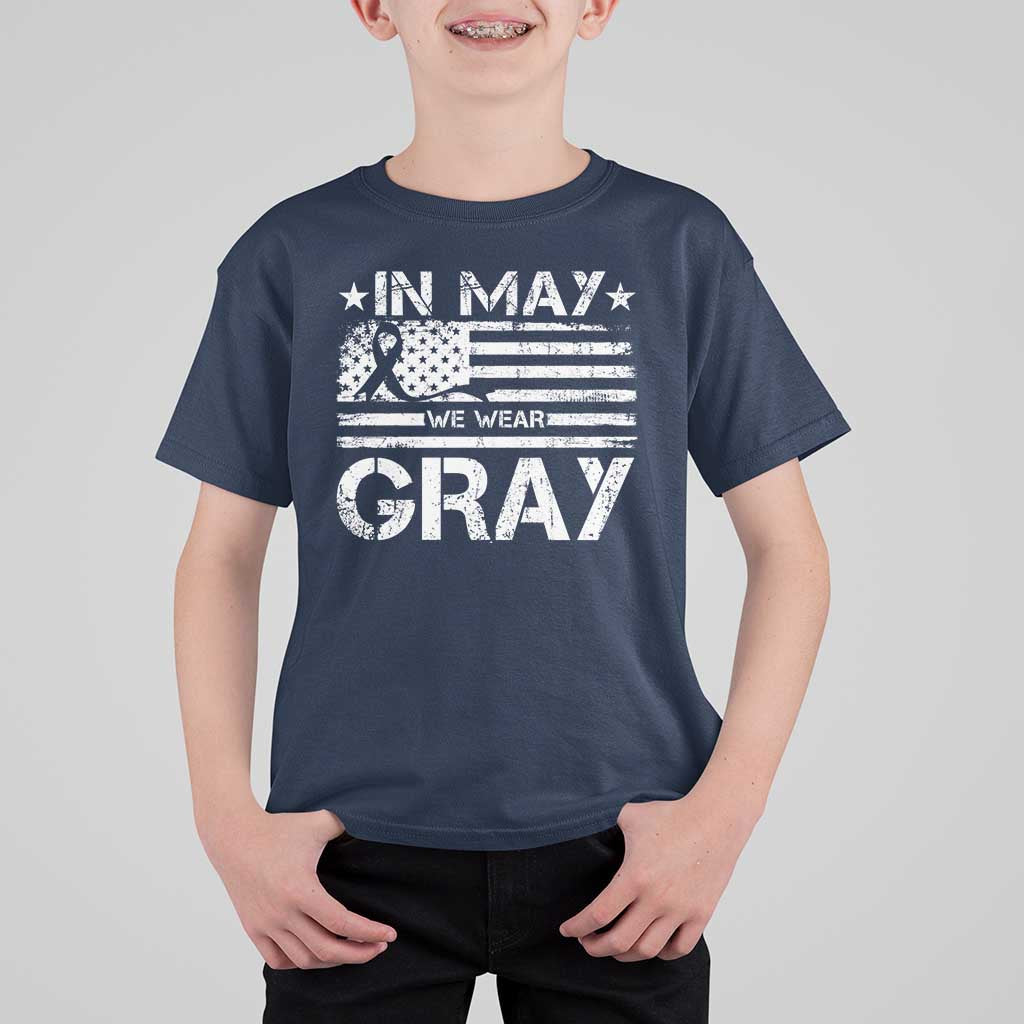 Brain Cancer Awareness T Shirt For Kid In May We Wear Gray US Flag