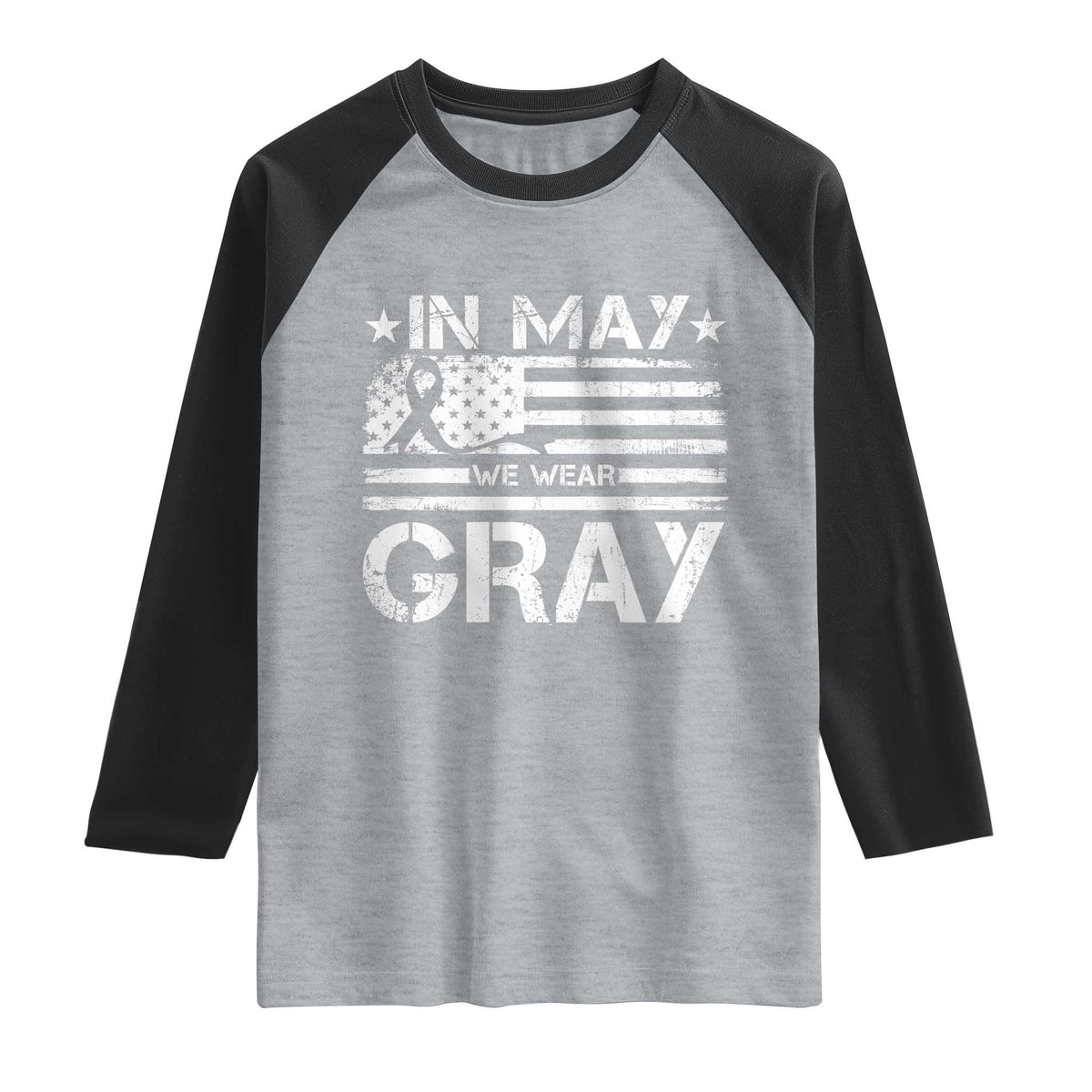 Brain Cancer Awareness Raglan Shirt In May We Wear Gray US Flag
