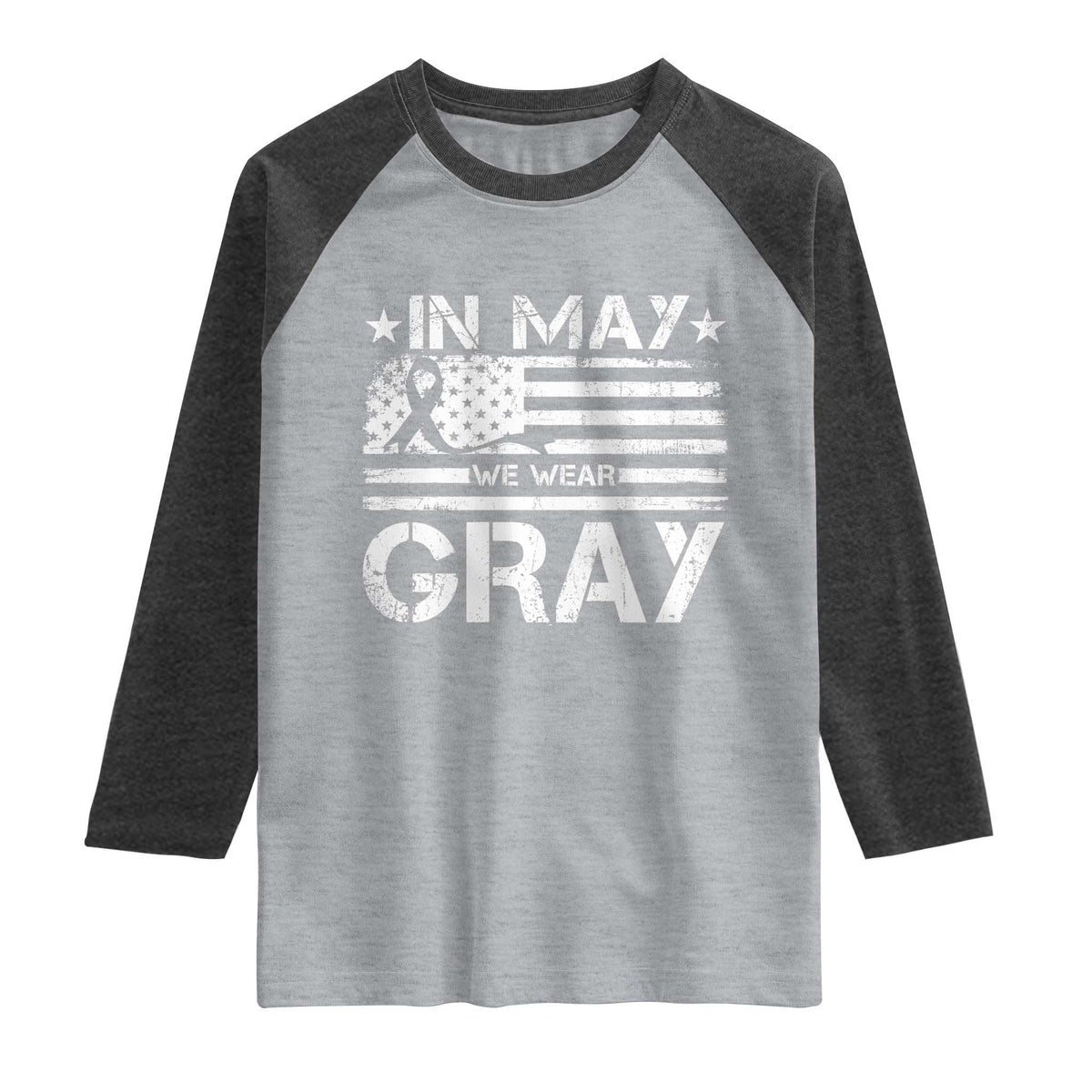Brain Cancer Awareness Raglan Shirt In May We Wear Gray US Flag