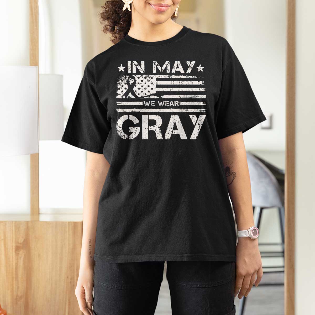 Brain Cancer Awareness T Shirt For Women In May We Wear Gray US Flag