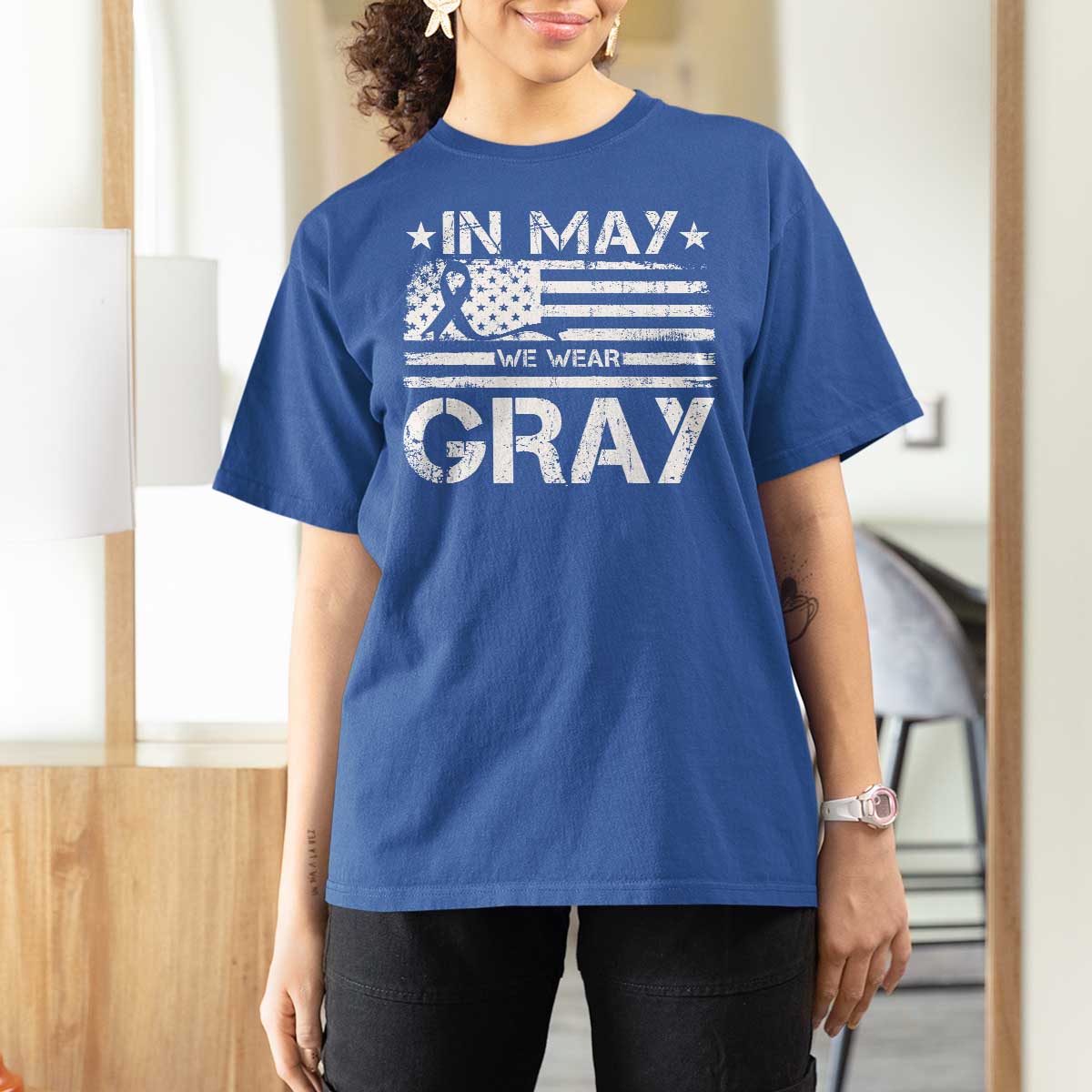 Brain Cancer Awareness T Shirt For Women In May We Wear Gray US Flag