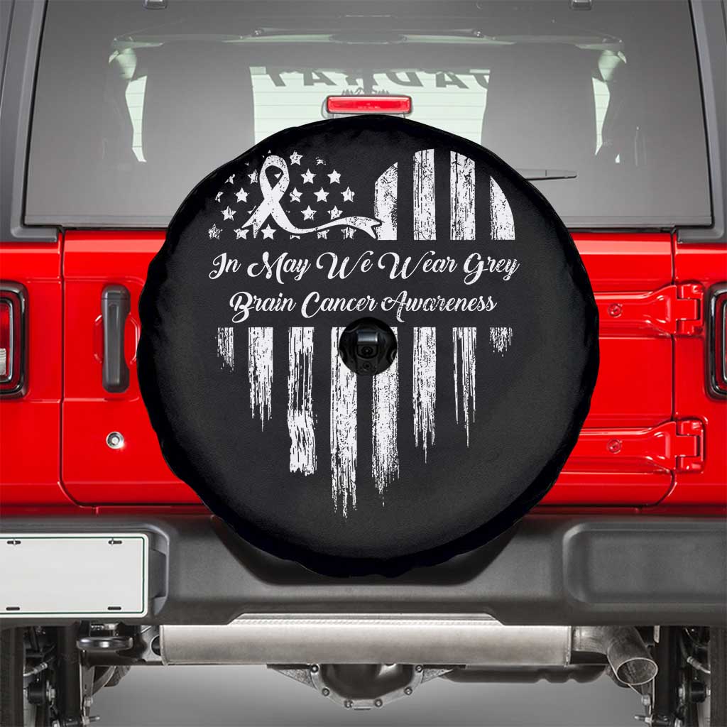 Brain Cancer Awareness Spare Tire Cover In May We Wear Gray American Flag Heart