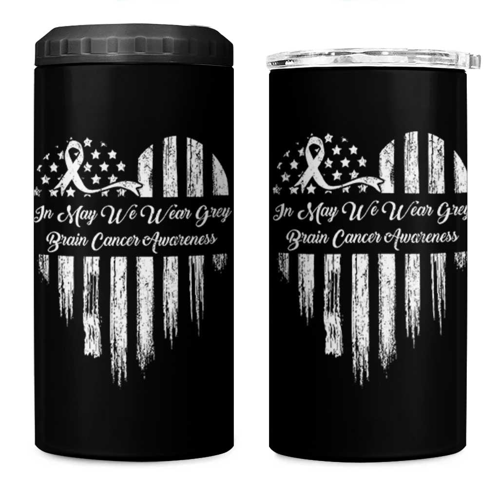 Brain Cancer Awareness 4 in 1 Can Cooler Tumbler In May We Wear Gray American Flag Heart
