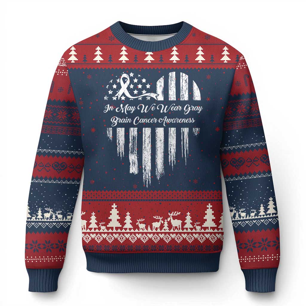 Brain Cancer Awareness Ugly Christmas Sweater In May We Wear Gray American Flag Heart