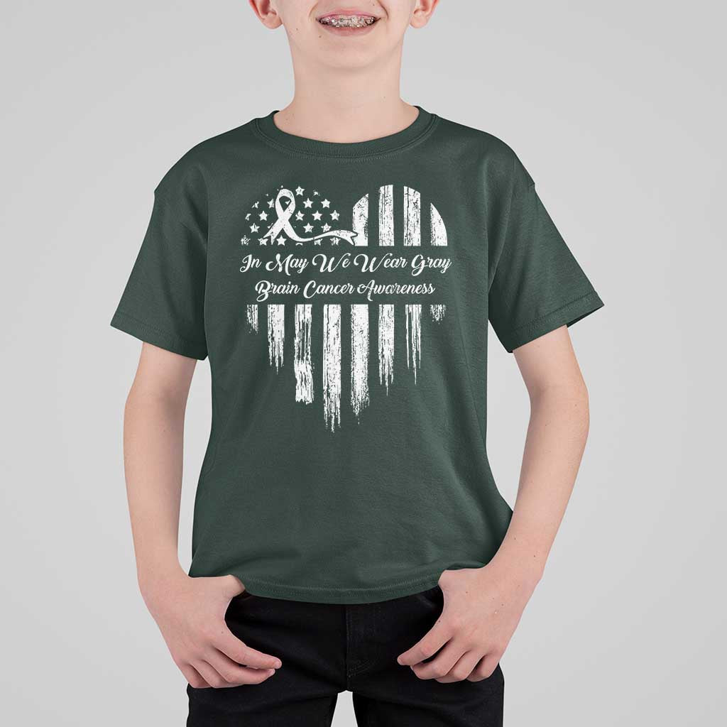Brain Cancer Awareness T Shirt For Kid In May We Wear Gray American Flag Heart