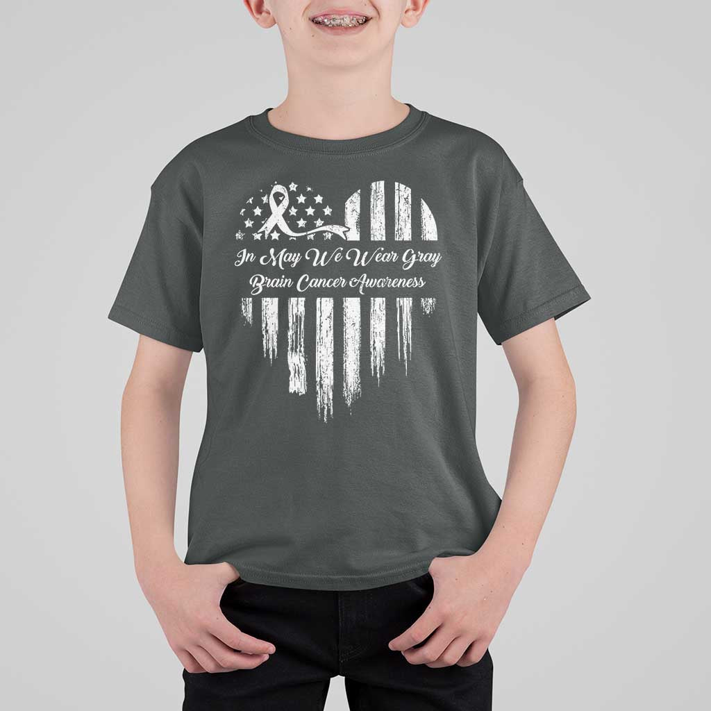 Brain Cancer Awareness T Shirt For Kid In May We Wear Gray American Flag Heart