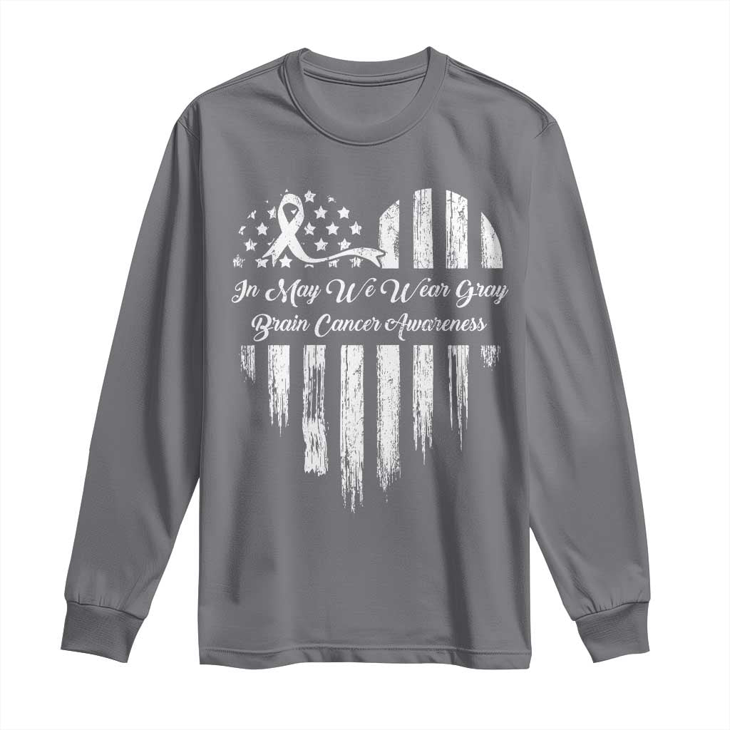 Brain Cancer Awareness Long Sleeve Shirt In May We Wear Gray American Flag Heart