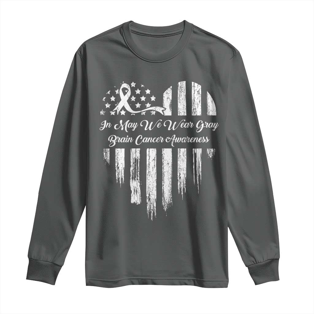 Brain Cancer Awareness Long Sleeve Shirt In May We Wear Gray American Flag Heart