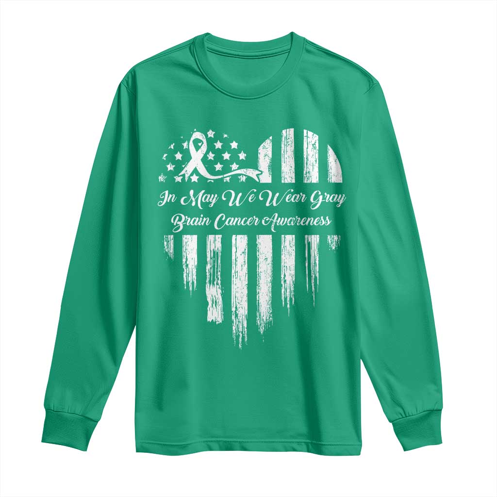 Brain Cancer Awareness Long Sleeve Shirt In May We Wear Gray American Flag Heart