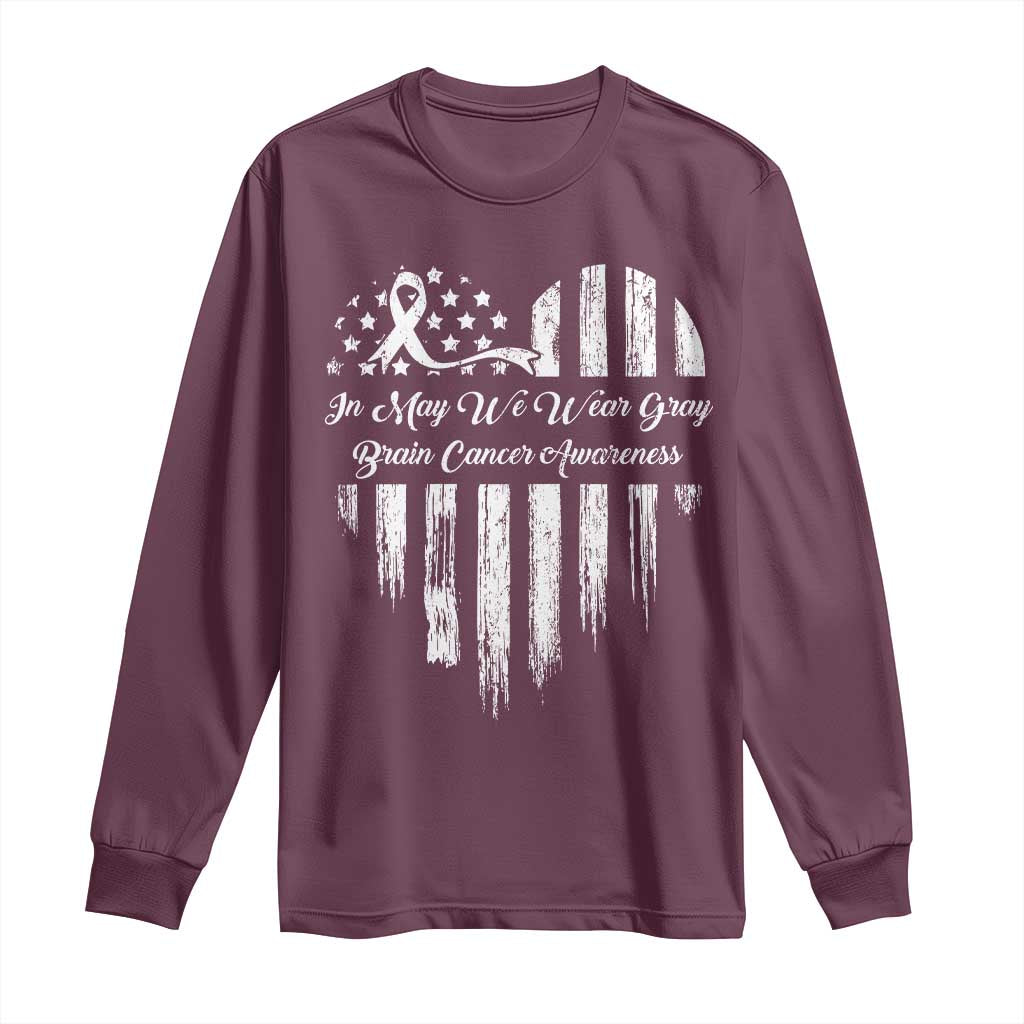 Brain Cancer Awareness Long Sleeve Shirt In May We Wear Gray American Flag Heart