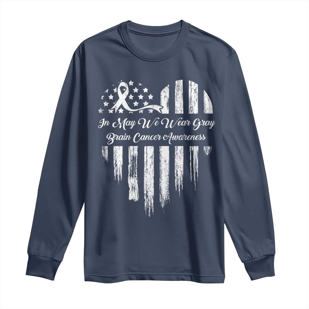 Brain Cancer Awareness Long Sleeve Shirt In May We Wear Gray American Flag Heart
