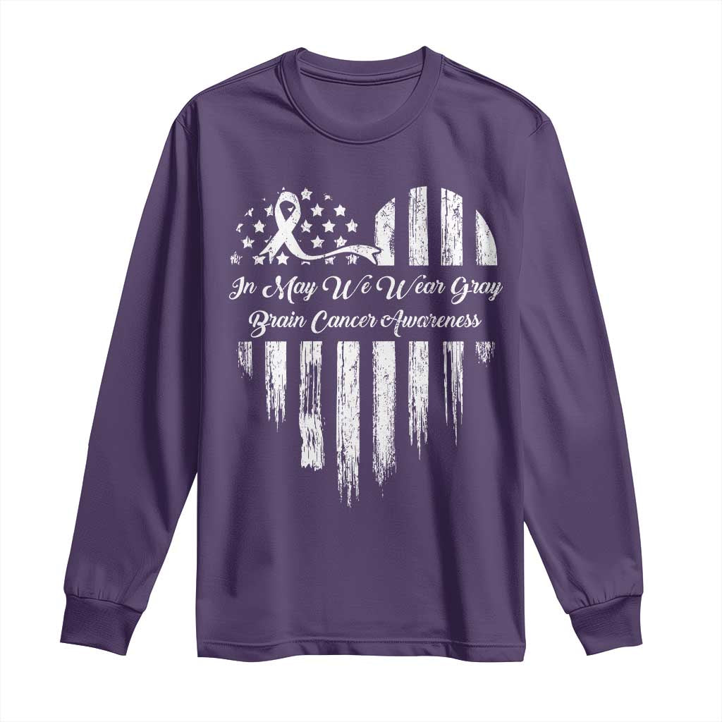 Brain Cancer Awareness Long Sleeve Shirt In May We Wear Gray American Flag Heart