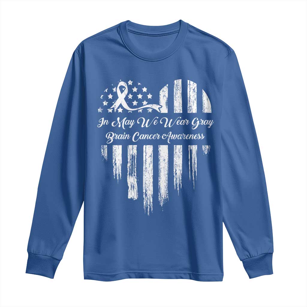 Brain Cancer Awareness Long Sleeve Shirt In May We Wear Gray American Flag Heart