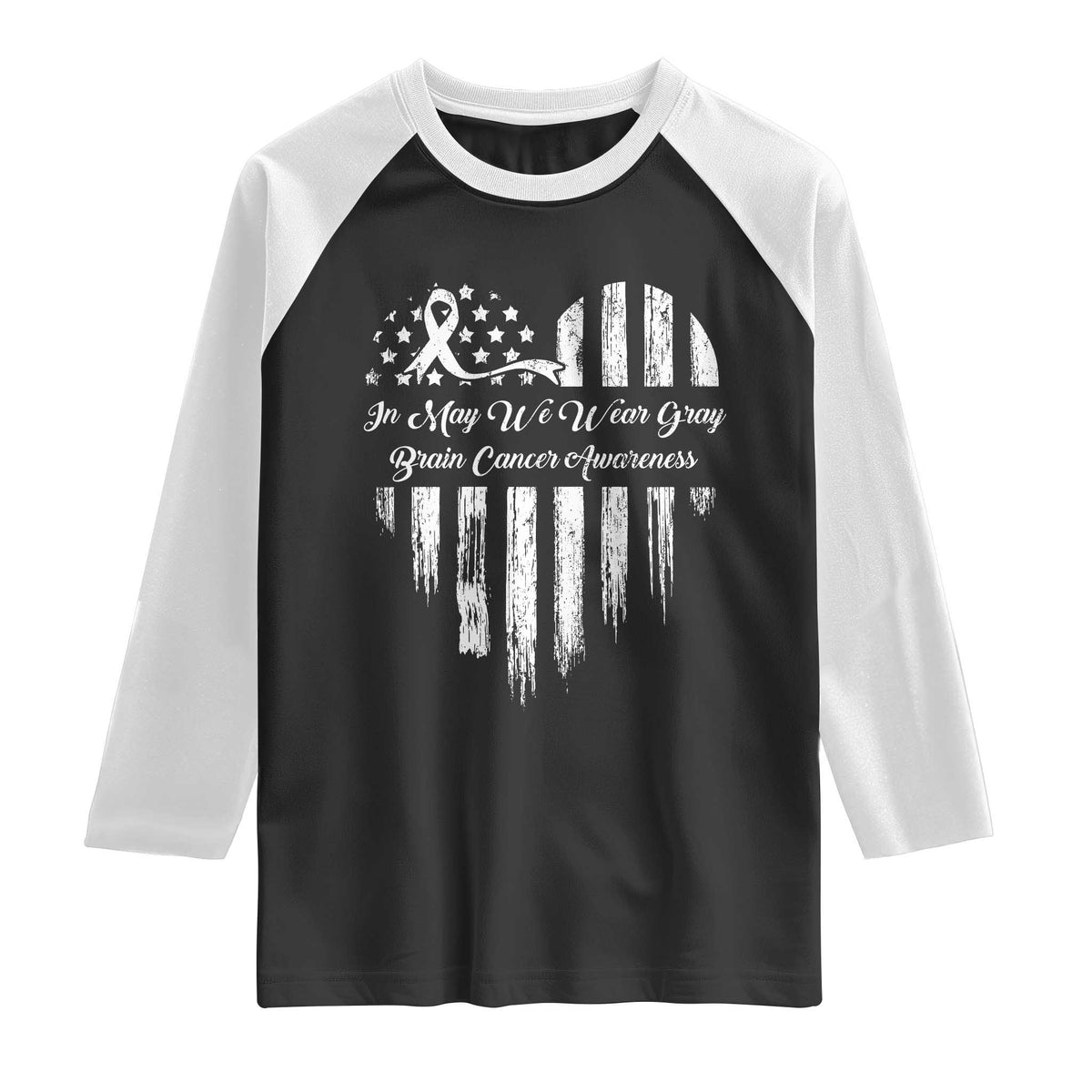 Brain Cancer Awareness Raglan Shirt In May We Wear Gray American Flag Heart