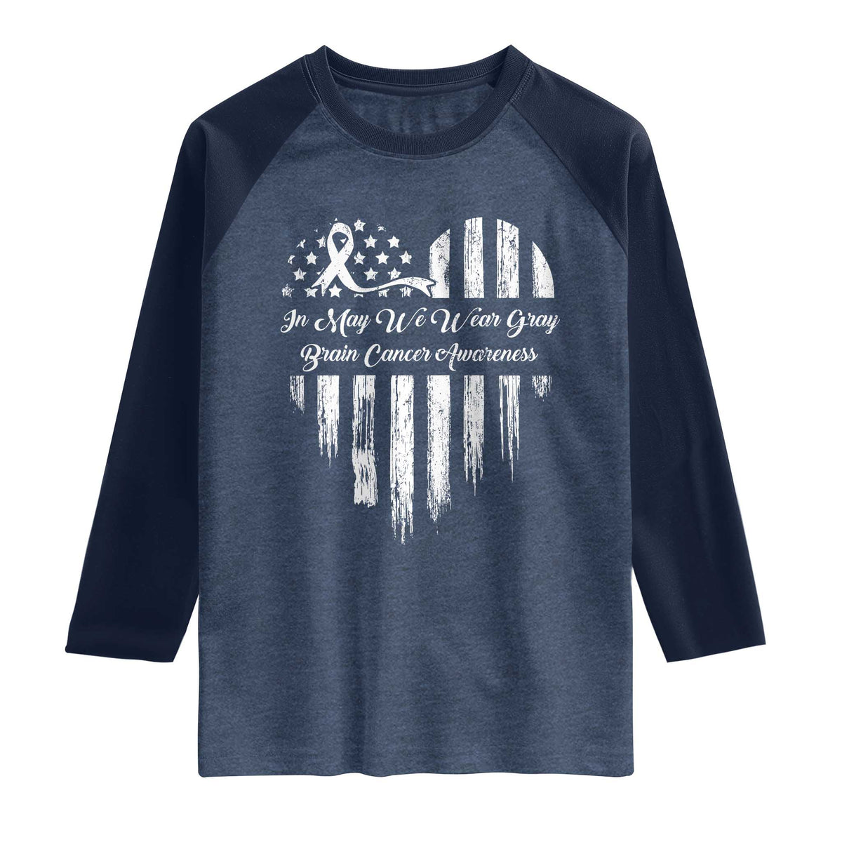Brain Cancer Awareness Raglan Shirt In May We Wear Gray American Flag Heart
