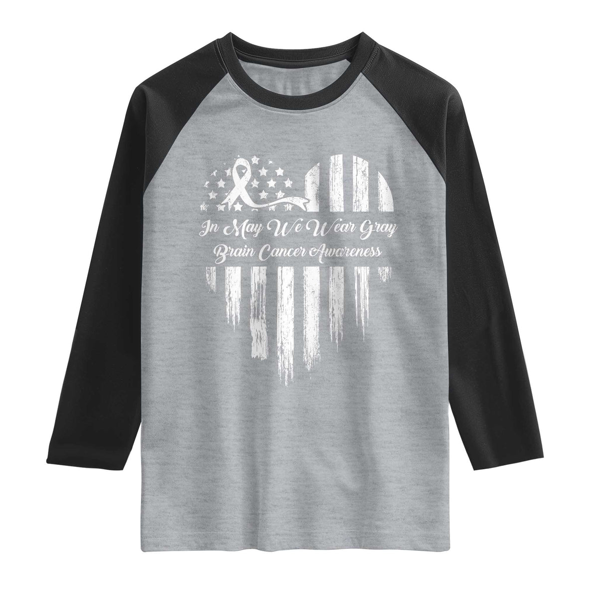 Brain Cancer Awareness Raglan Shirt In May We Wear Gray American Flag Heart