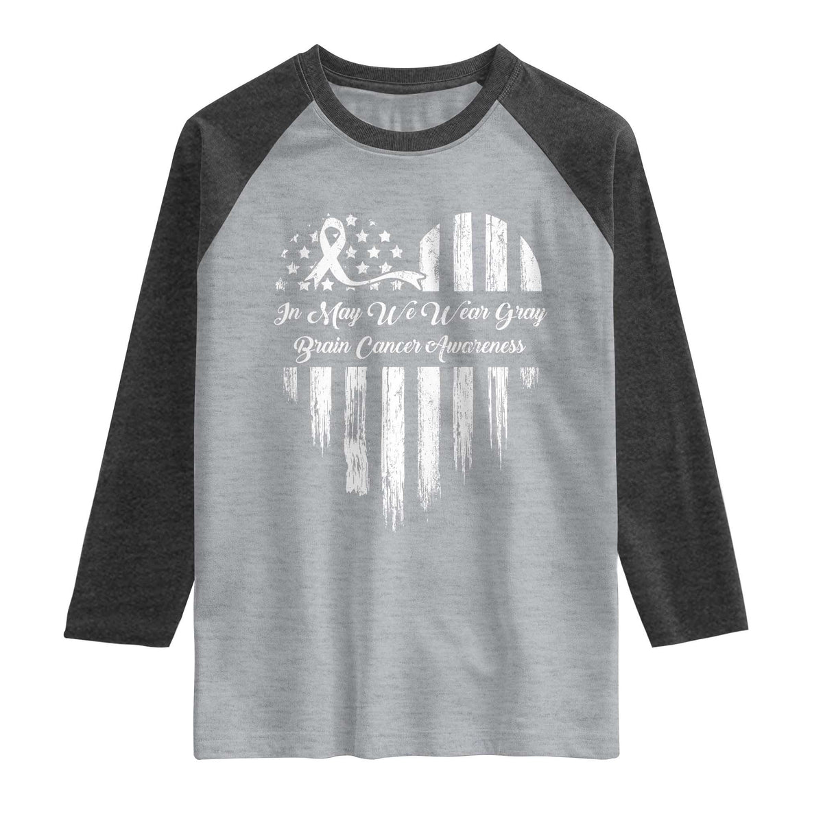 Brain Cancer Awareness Raglan Shirt In May We Wear Gray American Flag Heart