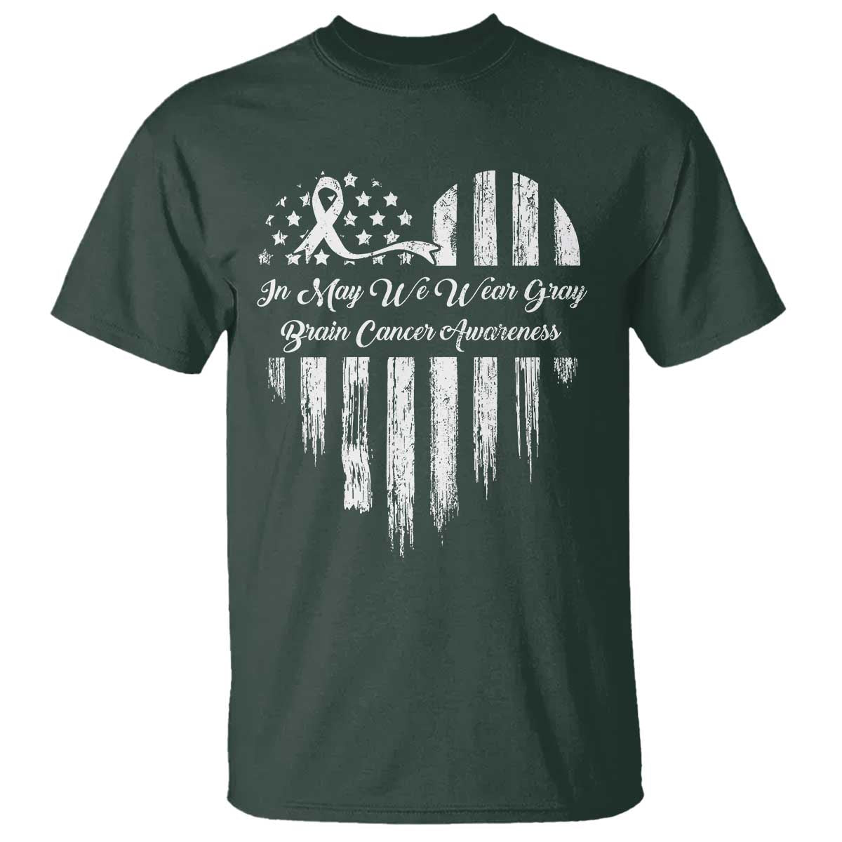 Brain Cancer Awareness T Shirt In May We Wear Gray American Flag Heart