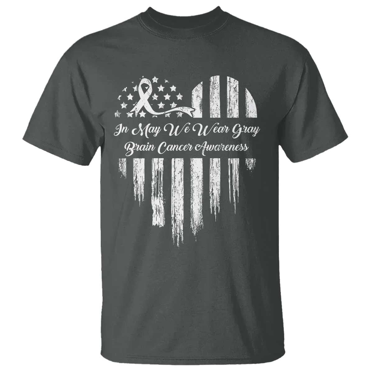 Brain Cancer Awareness T Shirt In May We Wear Gray American Flag Heart
