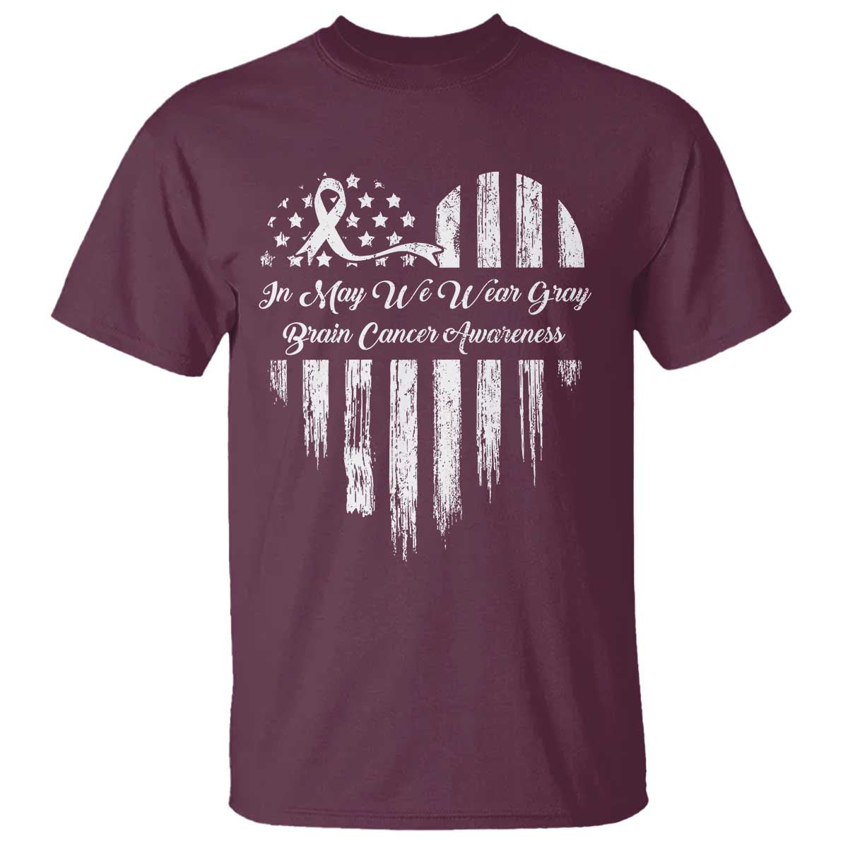 Brain Cancer Awareness T Shirt In May We Wear Gray American Flag Heart