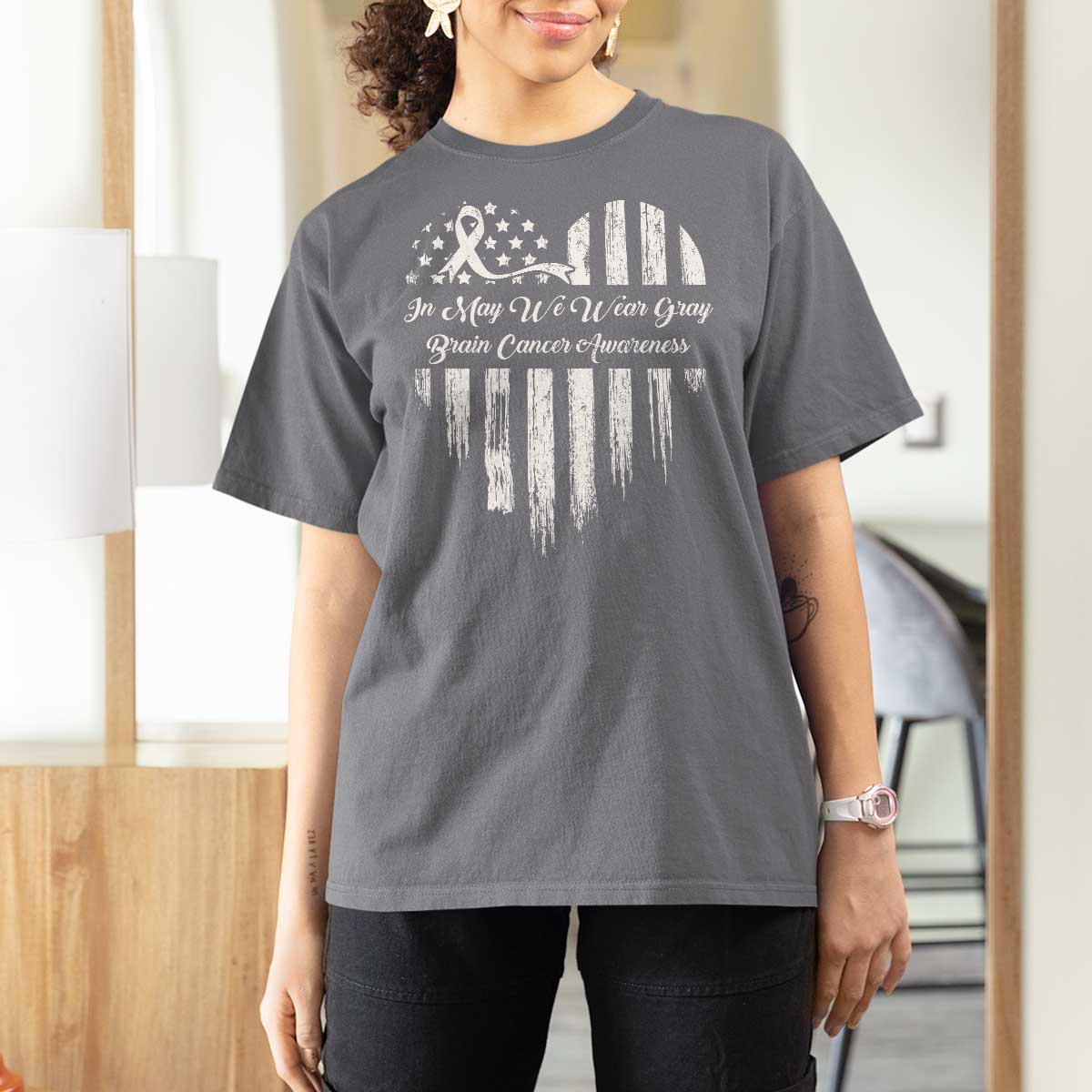 Brain Cancer Awareness T Shirt For Women In May We Wear Gray American Flag Heart