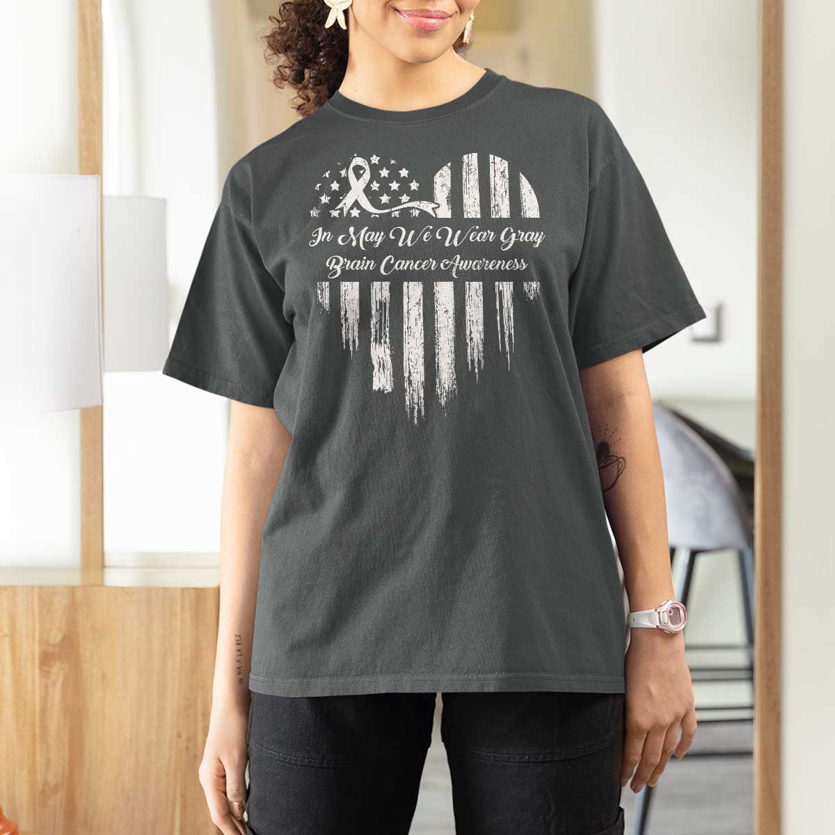 Brain Cancer Awareness T Shirt For Women In May We Wear Gray American Flag Heart