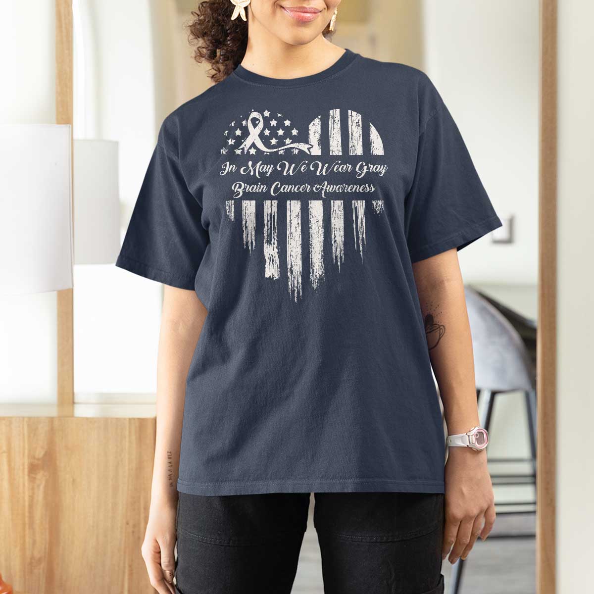 Brain Cancer Awareness T Shirt For Women In May We Wear Gray American Flag Heart