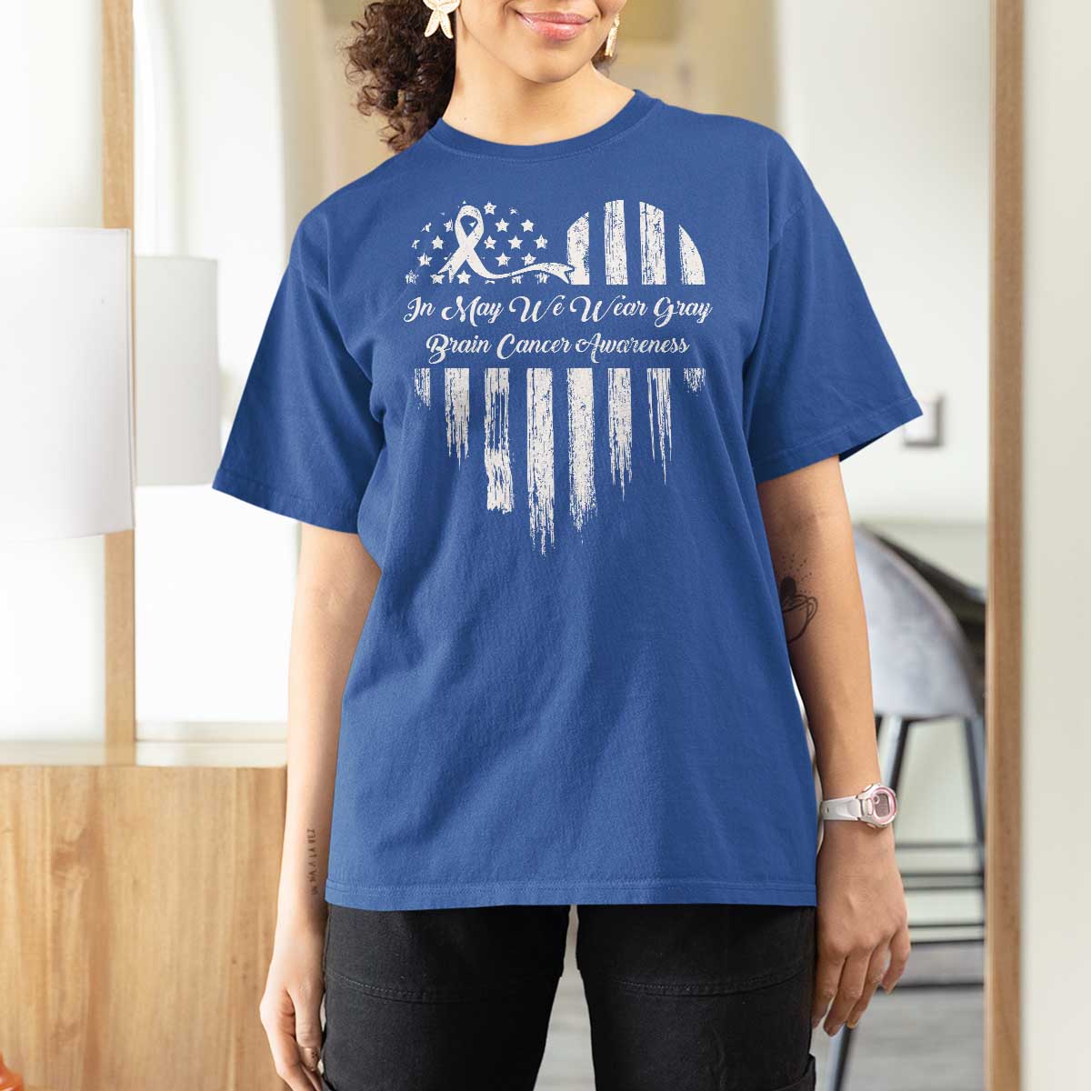 Brain Cancer Awareness T Shirt For Women In May We Wear Gray American Flag Heart