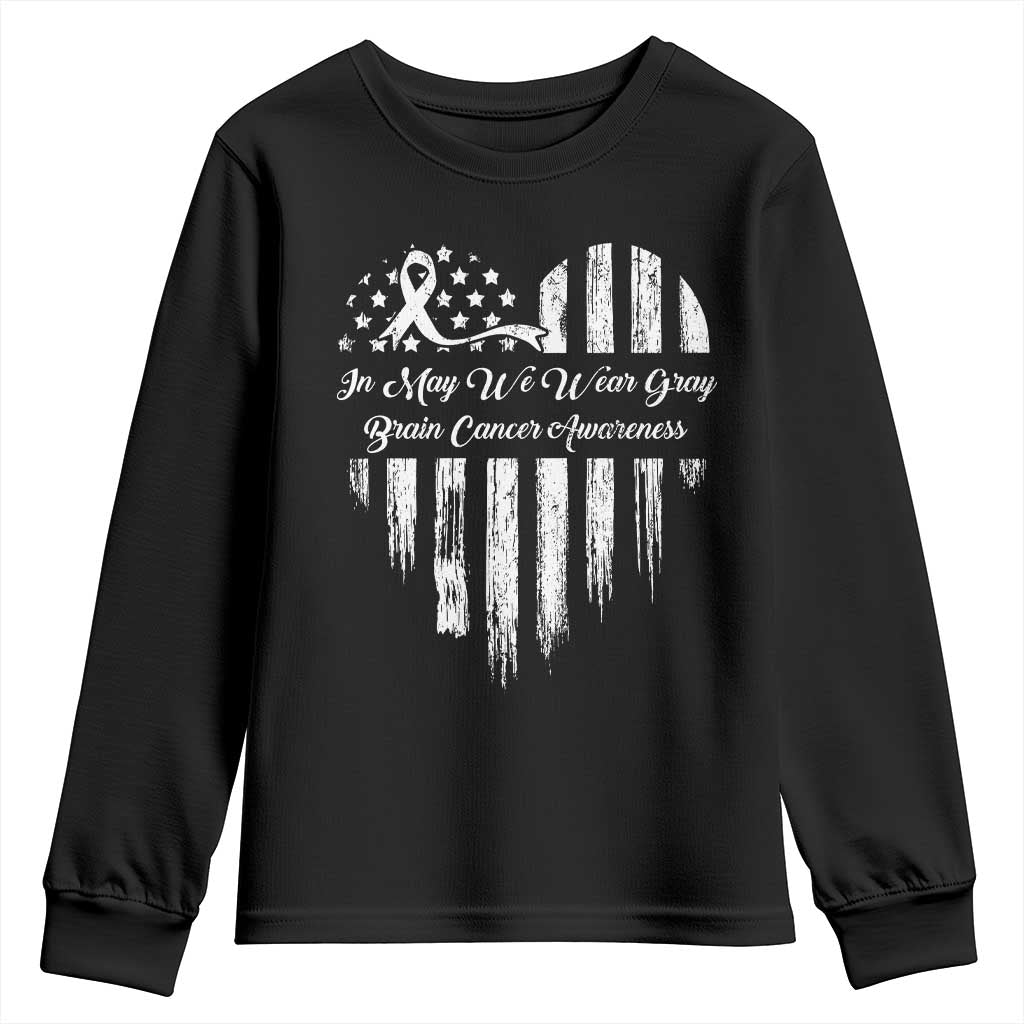 Brain Cancer Awareness Youth Sweatshirt In May We Wear Gray American Flag Heart
