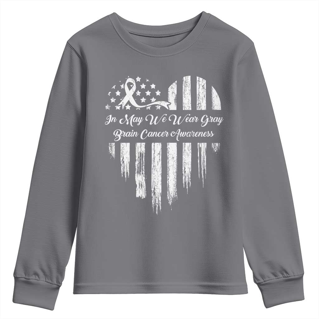 Brain Cancer Awareness Youth Sweatshirt In May We Wear Gray American Flag Heart