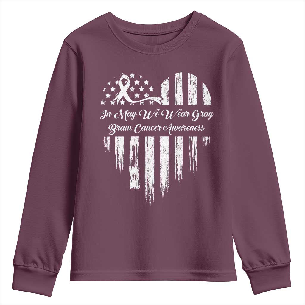 Brain Cancer Awareness Youth Sweatshirt In May We Wear Gray American Flag Heart