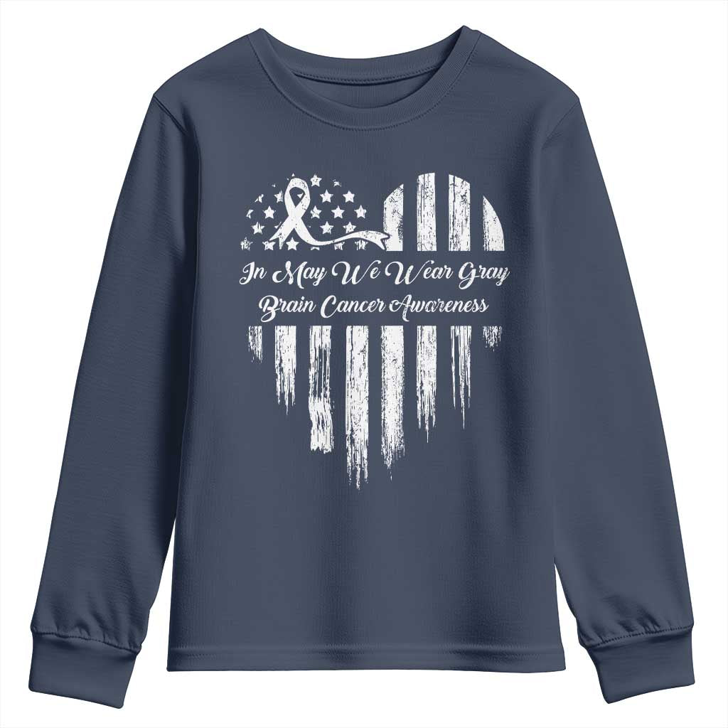Brain Cancer Awareness Youth Sweatshirt In May We Wear Gray American Flag Heart