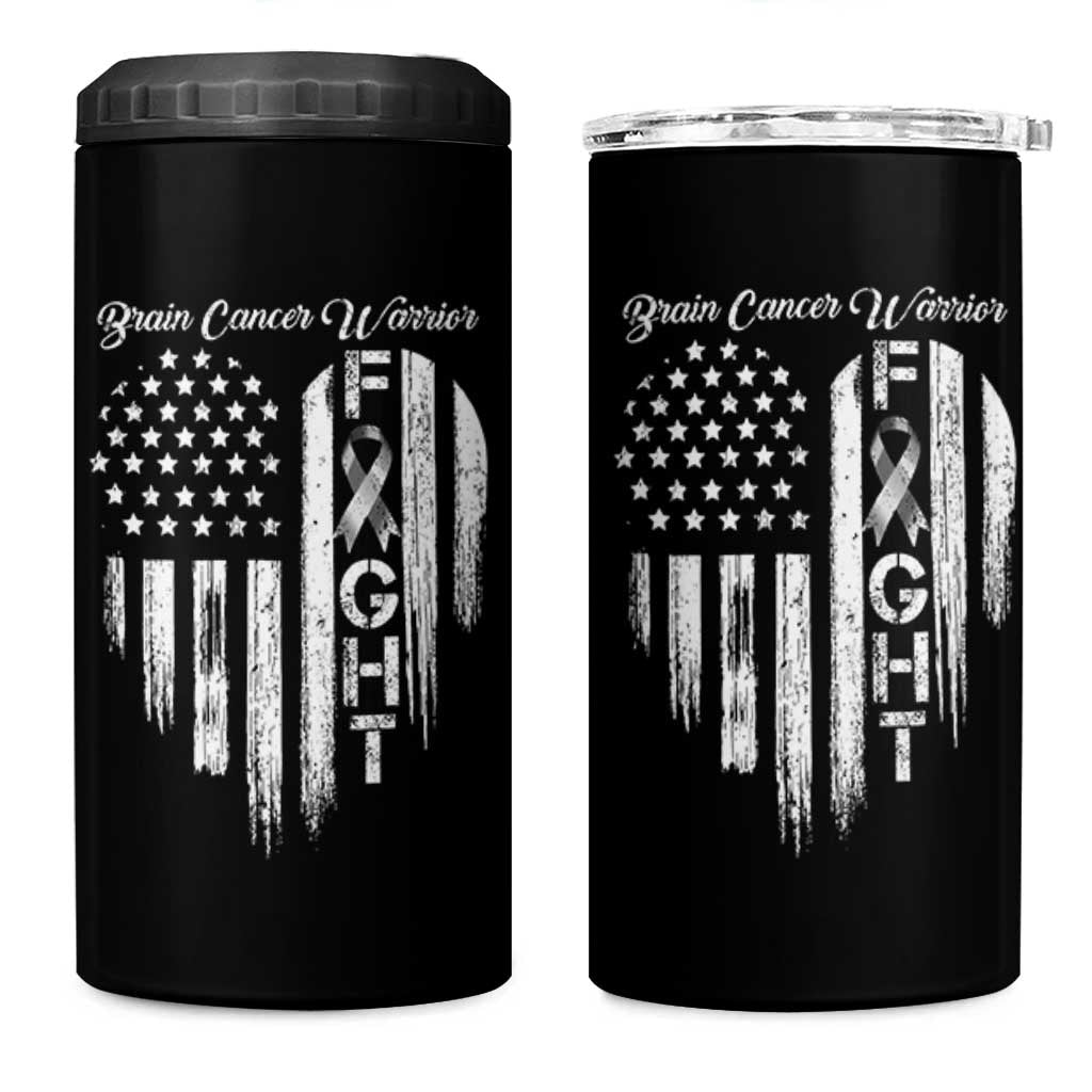 Brain Cancer Warrior 4 in 1 Can Cooler Tumbler Fight Gray Ribbon American Flag Heart