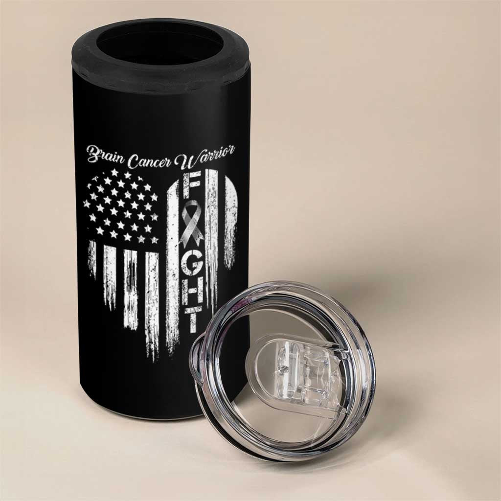 Brain Cancer Warrior 4 in 1 Can Cooler Tumbler Fight Gray Ribbon American Flag Heart