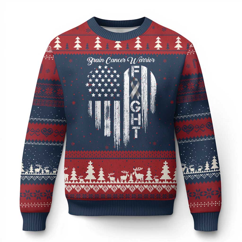 Brain Cancer Warrior Ugly Christmas Sweater Fight Gray Ribbon American Flag Heart