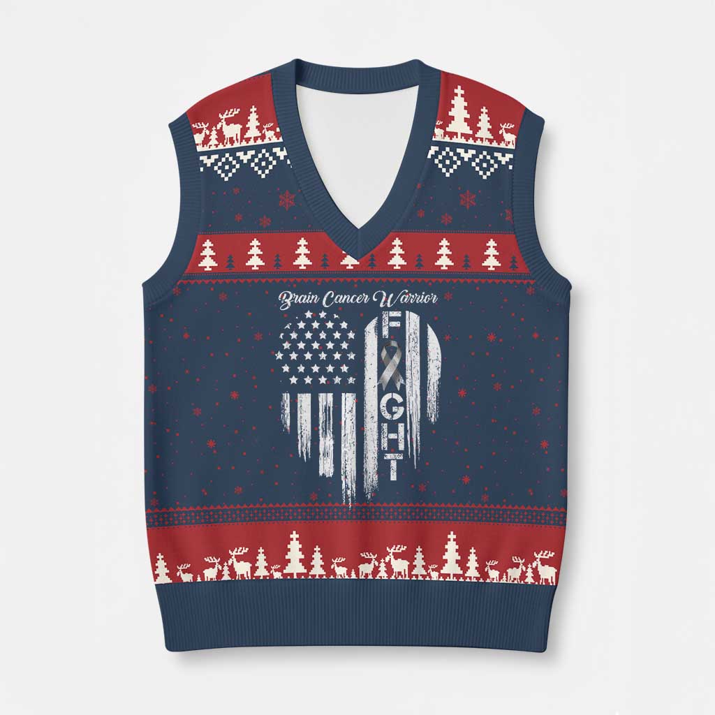 Brain Cancer Warrior V-Neck Knit Sweater Vest Fight Gray Ribbon American Flag Heart