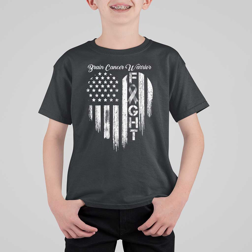 Brain Cancer Warrior T Shirt For Kid Fight Gray Ribbon American Flag Heart