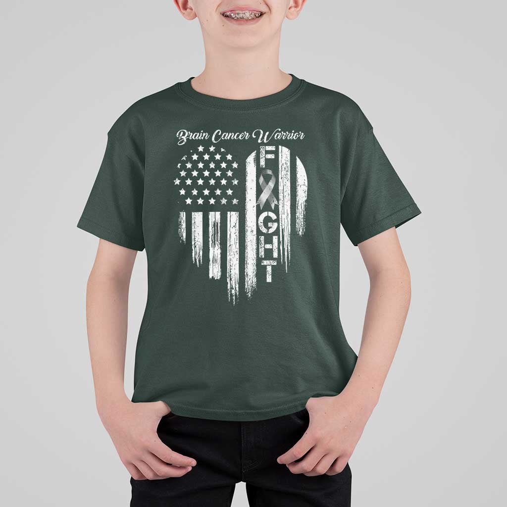 Brain Cancer Warrior T Shirt For Kid Fight Gray Ribbon American Flag Heart