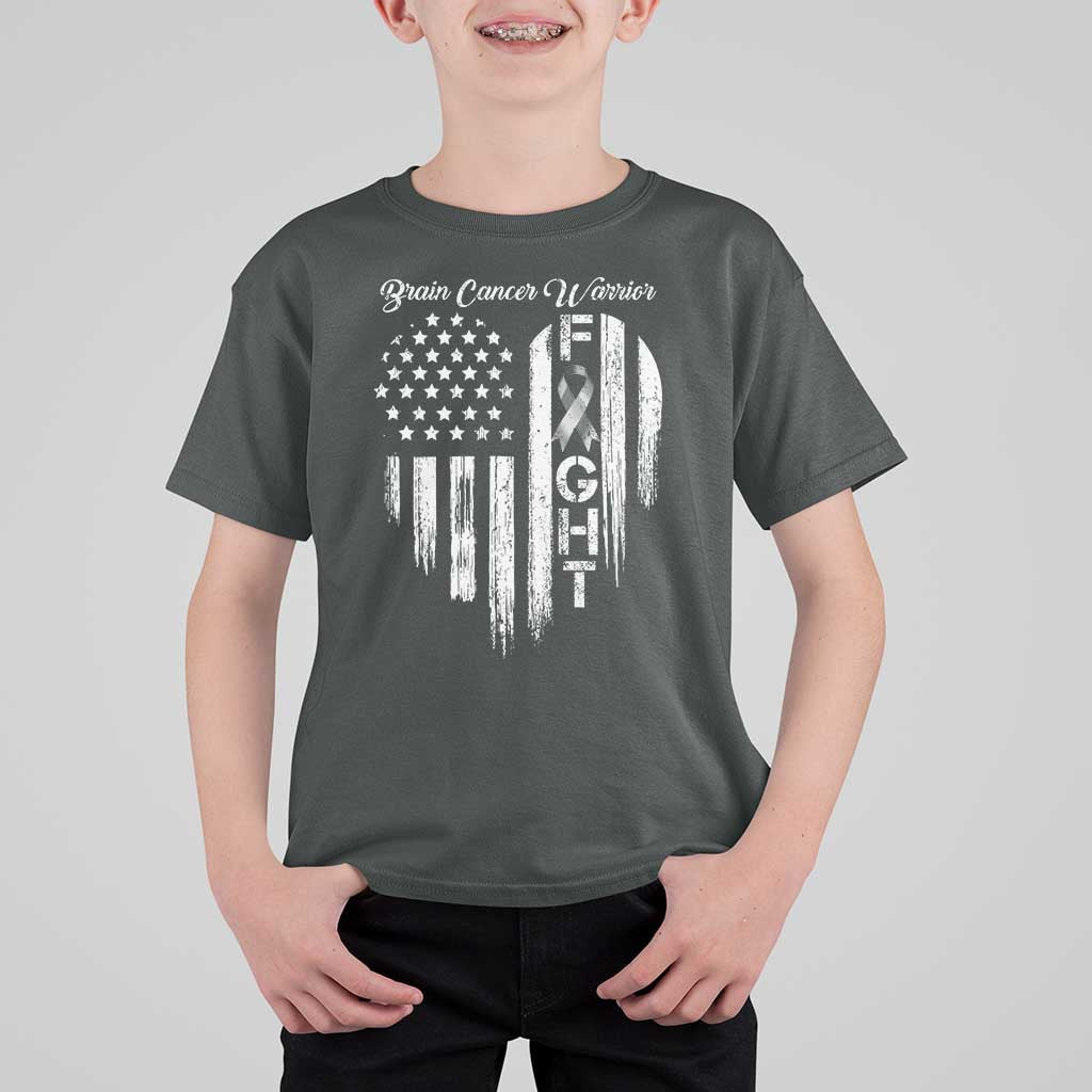 Brain Cancer Warrior T Shirt For Kid Fight Gray Ribbon American Flag Heart