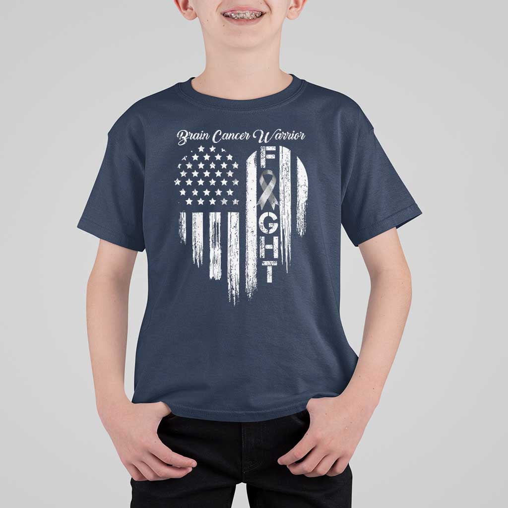 Brain Cancer Warrior T Shirt For Kid Fight Gray Ribbon American Flag Heart